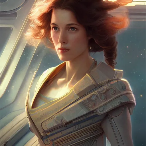 Image similar to ultra realistic illustration, beautiful female starship captain on the bridge, intricate, elegant, highly detailed, digital painting, artstation, concept art, smooth, sharp focus, illustration, art by artgerm and greg rutkowski and alphonse mucha