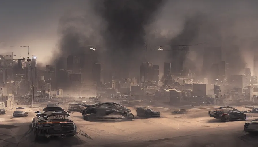 Image similar to los angeles under tons of sand, heat wave, cars in the streets, black smoke, flags, hyperdetailed, artstation, cgsociety, 8 k