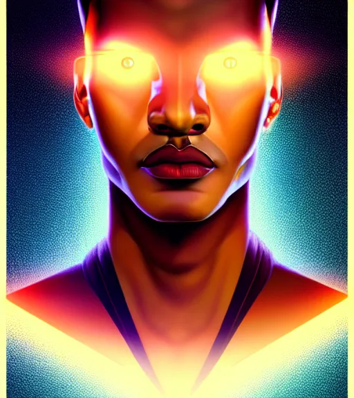 Image similar to symmetry!! egyptian god of technology, solid cube of light, hard edges, product render retro - futuristic poster scifi, lasers and neon circuits, brown skin handsome egyptian god, intricate, elegant, highly detailed, digital painting, artstation, concept art, smooth, sharp focus, illustration, dreamlike, art by artgerm