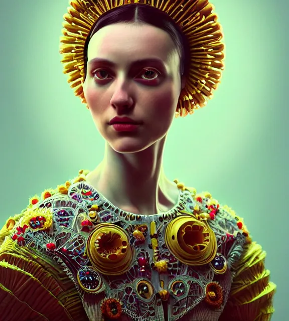 Image similar to colour caravaggio style photography of highly detailed beautiful woman with 1 0 0 0 years perfect face and wearing detailed ukrainian folk costume designed by taras shevchenko also wearing highly detailed retrofuturistic sci - fi neural interface designed by josan gonzalez. many details in style of josan gonzalez and mike winkelmann and andgreg rutkowski and alphonse muchaand