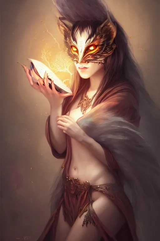 Prompt: gorgeous!!! hyper - realstic sorceress with a kitsune mask, holding a tattered magical book, casting a spell | drawn by wlop, drawn by jeehyung lee, drawn by artgerm | fantasy, intricate, highly detailed, digital painting, character design, concept art, illustration, artstation