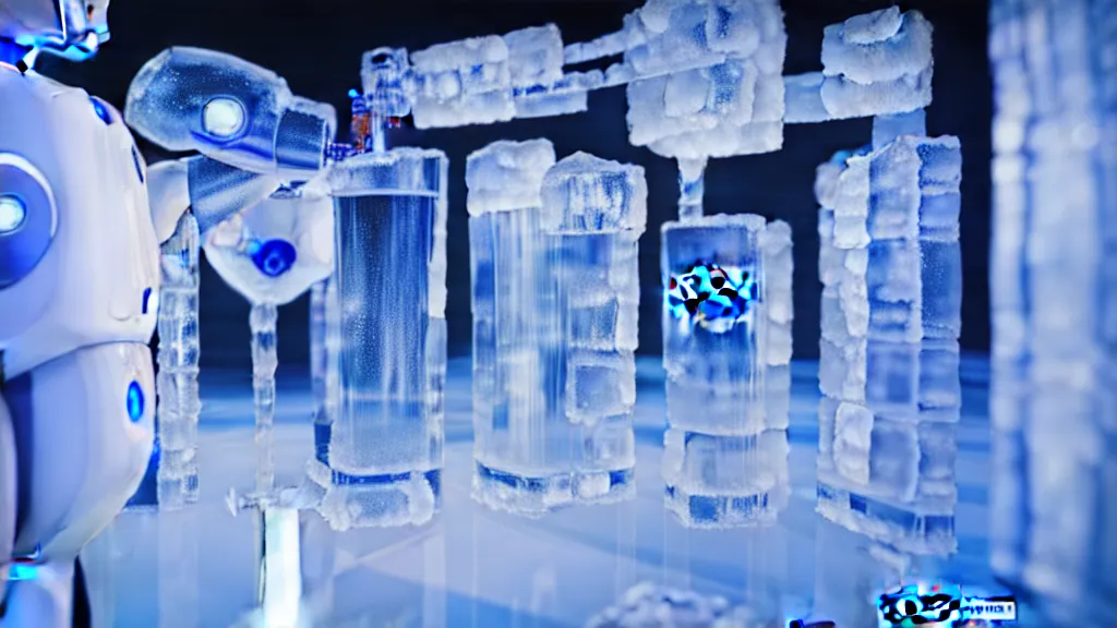 Image similar to robots drinking alcohol, inside a ice bar, chrome reflections, hyper-realistic, extreme detail, sharp photo, beautiful, cinematic 4K, by Sorayama