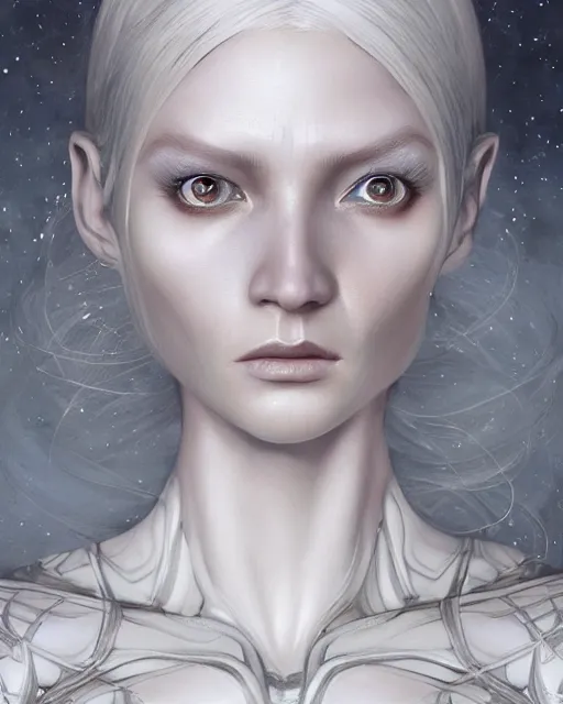 Image similar to A beautiful detailed digital painting of of a nordic alien woman, realistic character concept, identical eyes, gazing eyes, beautiful eyes medium shot, elegant pose, fantasy, illustration, slender symmetrical face and body, artstation, cinematic lighting, hyperdetailed, cgsociety, 8k, high resolution, Charlie Bowater, Tom Bagshaw and Tom Richmond, single face, insanely detailed and intricate, beautiful, elegant, golden ratio, black background, vfx, postprocessing, alluring, white red eyes, tall nordic et, tall blondes, pleiadian, pale porcelain skin