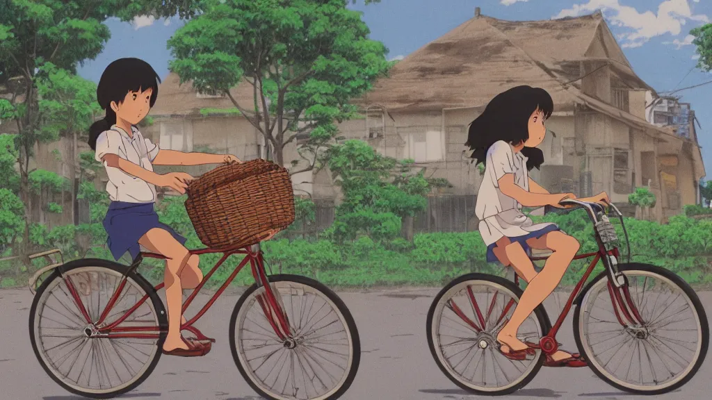 Prompt: a young girl riding a bike with a basket in a small town, 1970s philippines, art by hayao miyazaki, studio ghibli film, hi res, 4k, detailed face, wide shot, one person