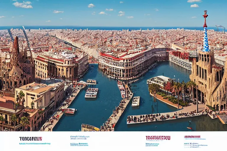 Image similar to touristic brochure to visit a catastrophic barcelona, buildings covered with high water, floating cars, catchy graphic design, photo real