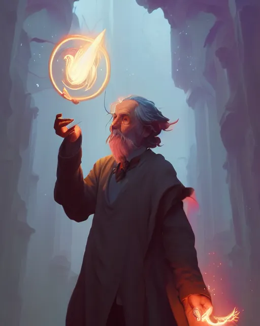 Image similar to highly detailed vfx portrait of an old mage casting a light spell, unreal engine, greg rutkowski, loish, rhads, beeple, makoto shinkai and lois van baarle, ilya kuvshinov, rossdraws, tom bagshaw, alphonse mucha, global illumination, detailed and intricate environment