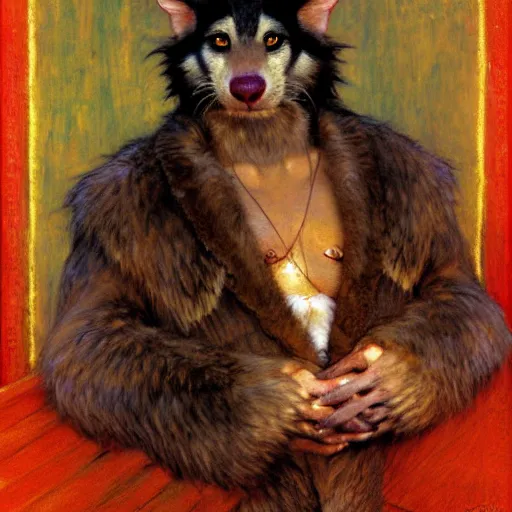 Image similar to a portrait of a male ratwolfman rat wolf man in a red kimono furry arms furry body. furaffinity furry art detailed face painting by gaston bussiere craig mullins jc leyendecker gustav klimt artgerm greg rutkowski furry