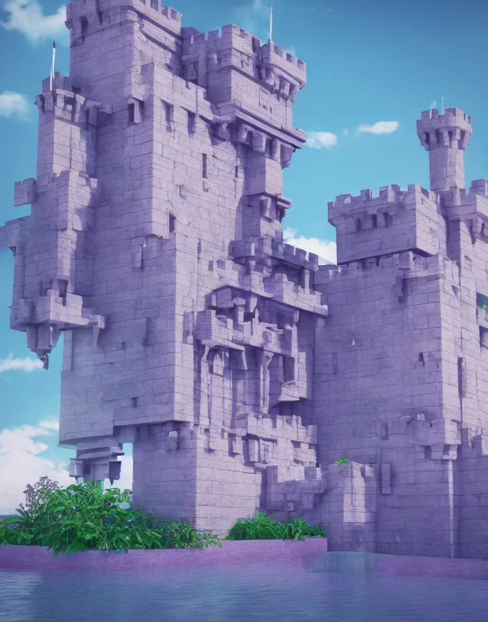 Image similar to 3d render vaporwave castle, octane render, photorealistic highly detailed aesthetic