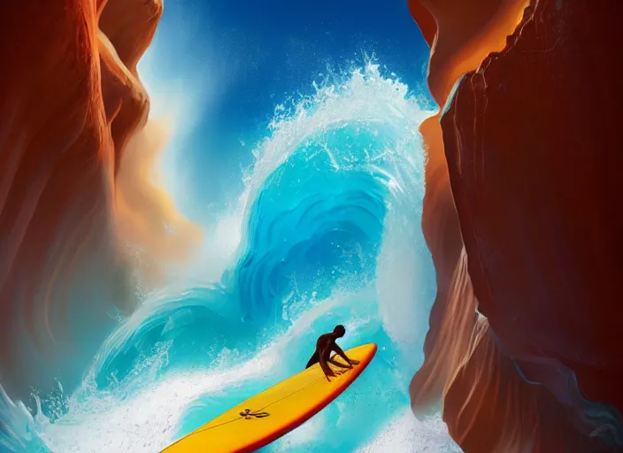 Image similar to a beautiful digital painting of a Hawaiian Warrior in a white and royal blue luxurious surfer suit, surfing a dangerous tsunami at Antelope Canyon on a chic surfboard at Pamukkale, thermal waters flowing down gold travertine terraces by greg rutkowski, award winning photo, trending on artstation, highly detailed, unreal engine, octane render