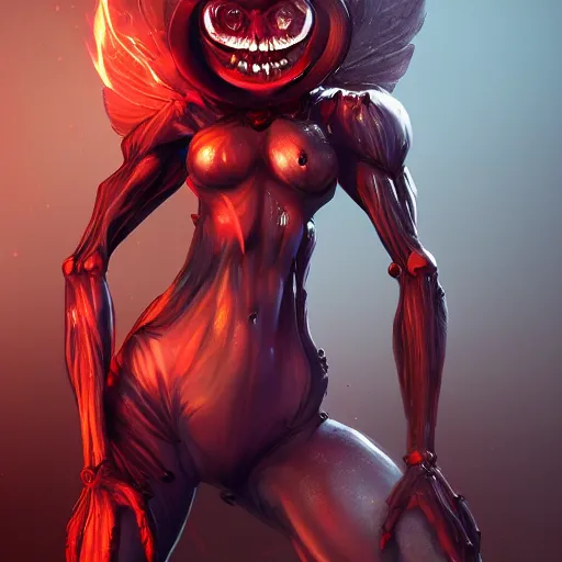 Image similar to hot humanoid insect woman, slender and muscular build, large mosquito wings, evil smile and glowing eyes, burning world, detailed, dark art, digital art, artstation, concept art, 4 k, 8 k