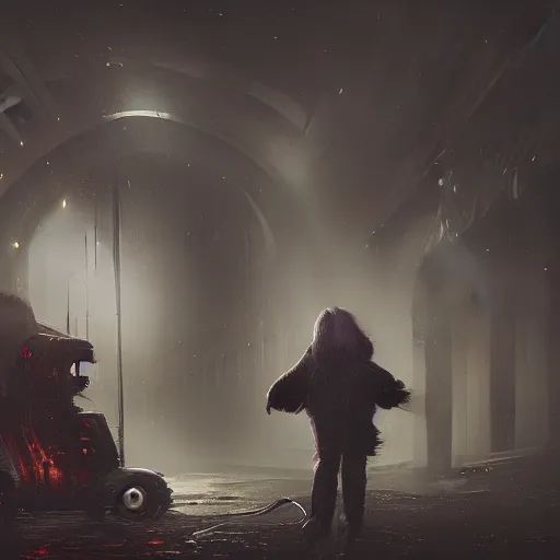 Image similar to techno-wizard, lightening, cyberpunk, occult, dark, summoning ritual, dungeon, photo realistic, Cinematic lighting, cinematic composition, foggy, dark atmosphere, 8k