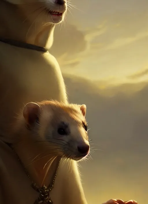 Image similar to a beautiful closeup shot from a fantasy film of a humanoid grey ferret wearing a loose tunic. an anthropomorphic ferret. golden hour. joseph ducreux, greg rutkowski.