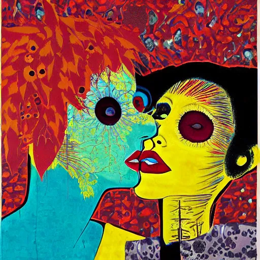 Image similar to beautiful painting of two bizarre psychedelic women kissing each other closeup in tokyo in autumn, speculative evolution, mixed media collage by basquiat and junji ito, magazine collage art, paper collage art, sapphic art, lesbian art