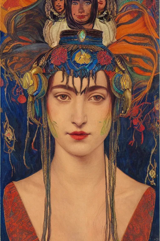 Image similar to queen of night with stars in her hair, by Annie Swynnerton, and Nicholas Roerich and Tino Rodriguez and Diego Rivera , elaborate headdress and embroidered velvet, iridescent beetles, rich color, dramatic cinematic lighting, extremely detailed