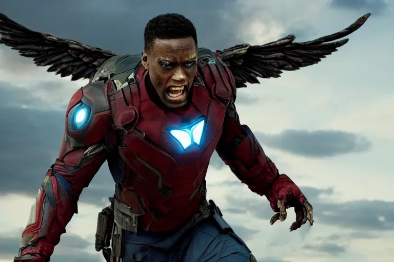 Prompt: film still of zombie zombie Sam Wilson falcon with wings out in new avengers movie, 4k