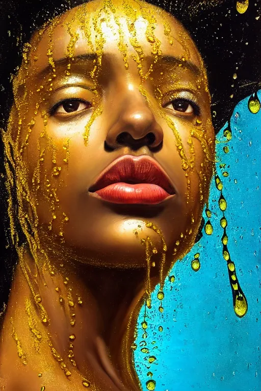 Image similar to hyperrealistic precisionist cinematic profile very expressive! oshun goddess, in water! john everett millais, mirror dripping droplet!, gold flowers, highly detailed face, digital art masterpiece, smooth eric zener cam de leon, dramatic pearlescent turquoise light on one side, low angle uhd 8 k, shallow depth of field