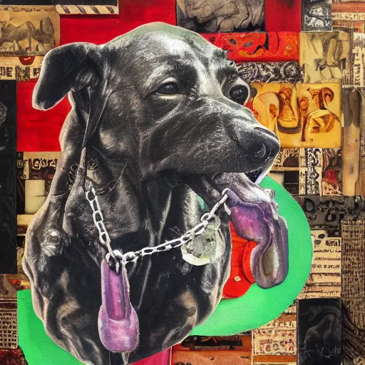 Prompt: mad dog on a chain, collage, acrylic on canvas, breathtaking detailed