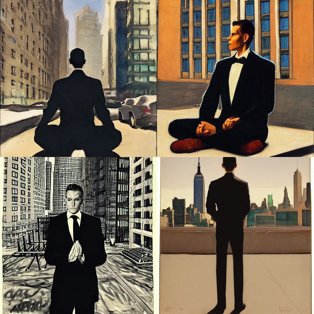 Prompt: man in black, meditation pose, new york city buildings view behind, leyendecker style