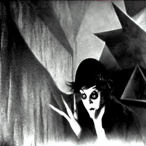 Prompt: cabinet of doctor caligari still shot from film by guy maddin and gustav dore ( (