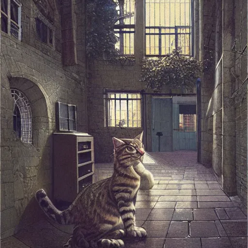 Image similar to detailed face of an intelligent scholarly cat with kind eyes in a architectonic victorian courtyard at a science expo, atmospheric, ambient, pj crook, syd mead, livia prima, artgerm, greg rutkowski, nick alm, casey baugh