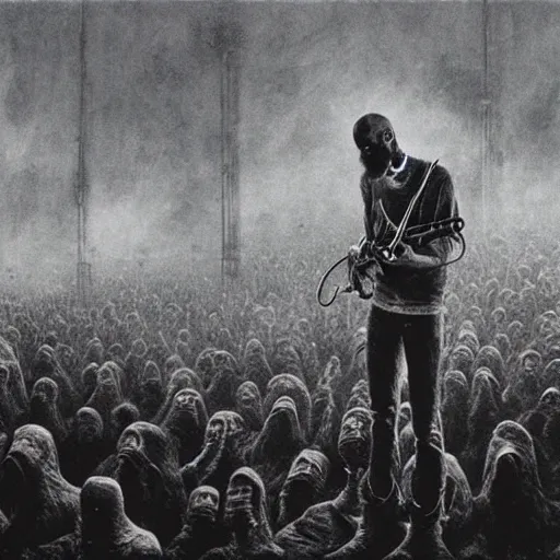 Prompt: concert photograph of death grips, mc ride, death grips, playing a concert in a desolate brutalist wasteland, painted by zdzislaw beksinski