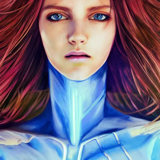 Prompt: sci - fi, morning, smiling fashion model face, sun, cinematic, clouds, sun rays, vogue cover style, poster art, blue mood, realistic painting, intricate oil painting, high detail illustration, sharp high detail, manga and anime 1 9 9 9