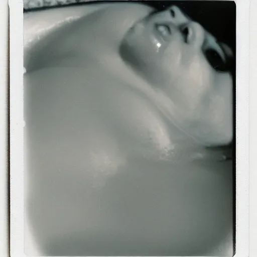 Image similar to A polaroid photograph of a man laying in a bath filled with milk, body submerged face peeking through