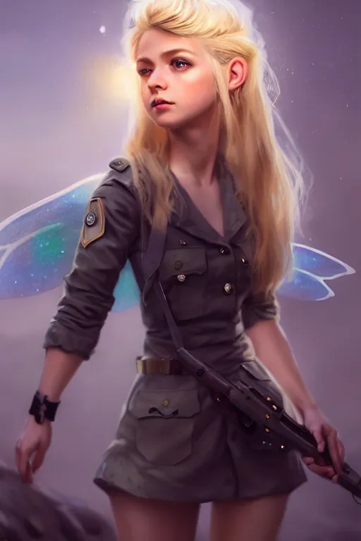 Image similar to cinematic shot of an epic portrait of a cute blonde fairy dressed in military clothes, stylised military clothes, shiny skin, beautiful eyes, beautiful, small details, night setting, realistic poster with volumetric light from craig mallism, artgerm, jeremy lipkin and michael garmash, unreal engine, radiant light, digital art, trends at art station, a masterpiece