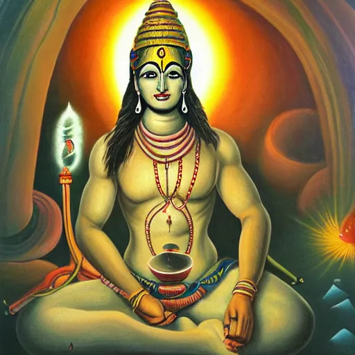 Image similar to Epic wide angle portrait of Shiva emerging from a lingam shaped rocket ship, oil painting