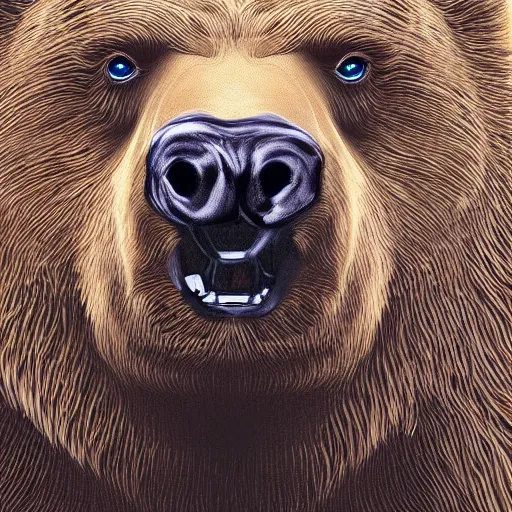 Prompt: portrait of a grizzly bear face, goofy expression, studio backdrop, hyper realistic, detailed digital painting, close up, low - key lighting, dramatic lighting, studio lighting, dark