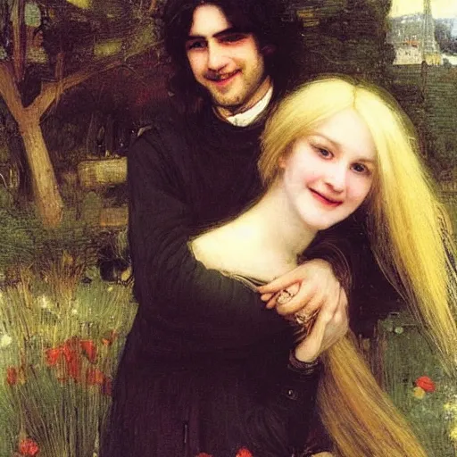 Image similar to black haired woman and man with long blond hair and smiling, john william waterhouse, soft lighting, romantic, love