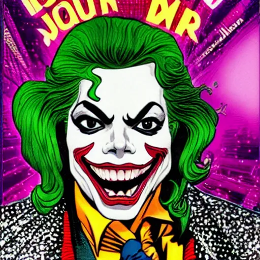 Image similar to dynamic macro head portrait of beautifu michael jackson as the joker in white sequined jacket by john romita sr and cory walker and ryan ottley and jack kirby and barry windsor - smith, comic, illustration, photo real