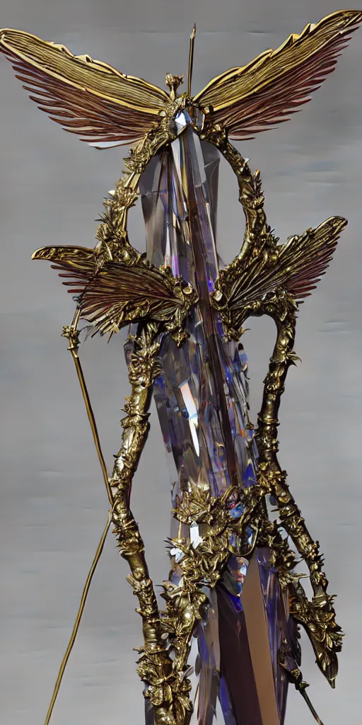 Image similar to beautiful physical detailed render of a sacred bow weapon made of crystal, the style of louis comfort tiffany, pascal blanche, zigor samaniego, paul pepera, ellen jewett, weapon design, mechanics, weapon model, feather, wing, exquisite, metal, structure, c 4 d, 3 d render,, unreal engines, light effect, 4 k hd