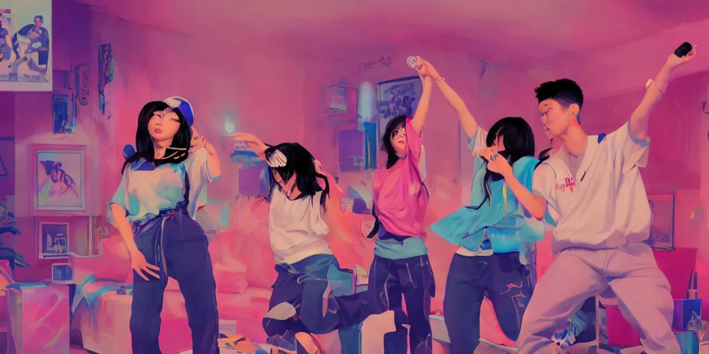 Prompt: Asian women and Hispanic men rapping with microphone in living room, epic poses, distinct figures, digital art, vaporwave, psychedelic, surreal, outrun, hip hop, trending on Artstation, professional artist, detailed, 4k