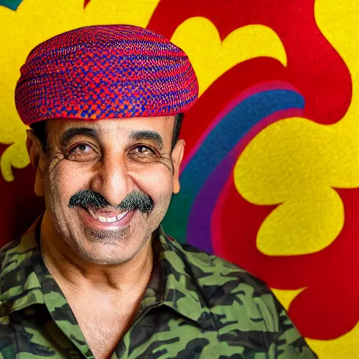 Image similar to professional portrait of a smiling middle aged arab man wearing military camouflage and a red beret, rainbow background, 8 k, intricate, detailed,