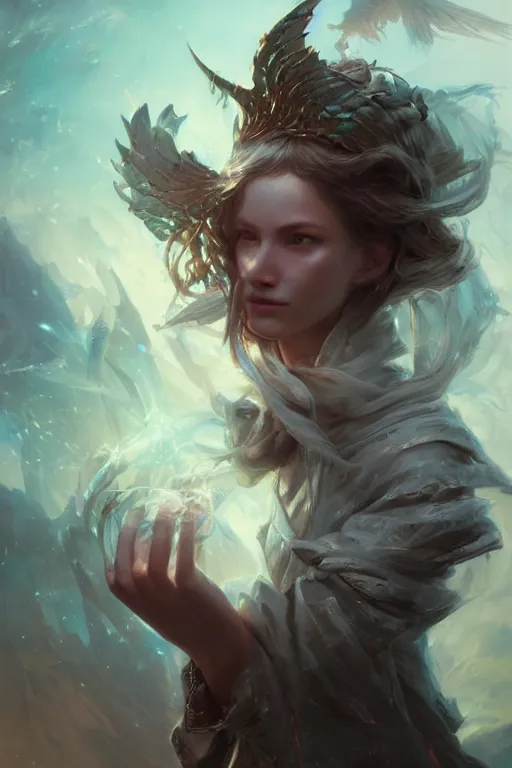 Image similar to beautiful wizard of the coast, casting magic spell, angel, 3 d render, hyper realistic detailed portrait, magic storm, thunder, ruan jia, wlop. scifi, fantasy, magic the gathering, hyper detailed, octane render, concept art, peter mohrbacher