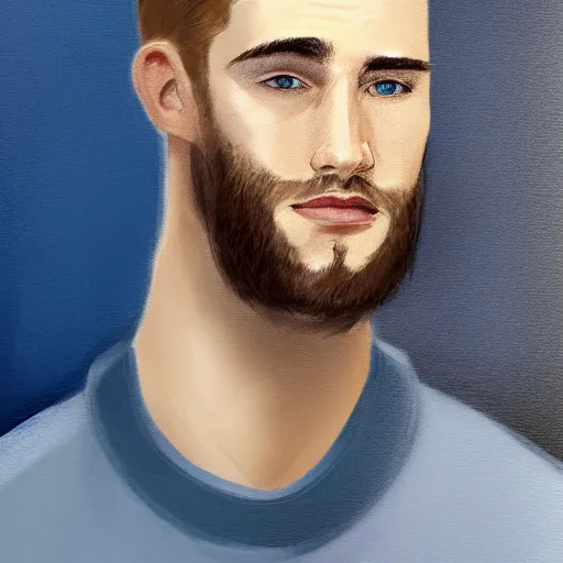 Image similar to tall chunky man in his twenties with brown blond short regular haircut and round facial structure with cleft chin, straight eyebrows, big grey blue eyes, smirking, happy, slightly set back jaw, cheekbones, straight nose, wider face, slight shadow of beard, atmospheric lighting, painted, intricate, 4 k, highly detailed by charlie bowater
