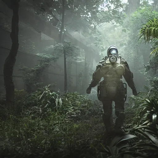 Image similar to a heavily armored man wearing a gasmask, walking through a lush jungle, realistic octane render, ray traced, god rays, extremely high detail