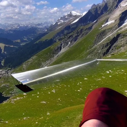 Prompt: took this pic of a zeppelin while hiking in the alps