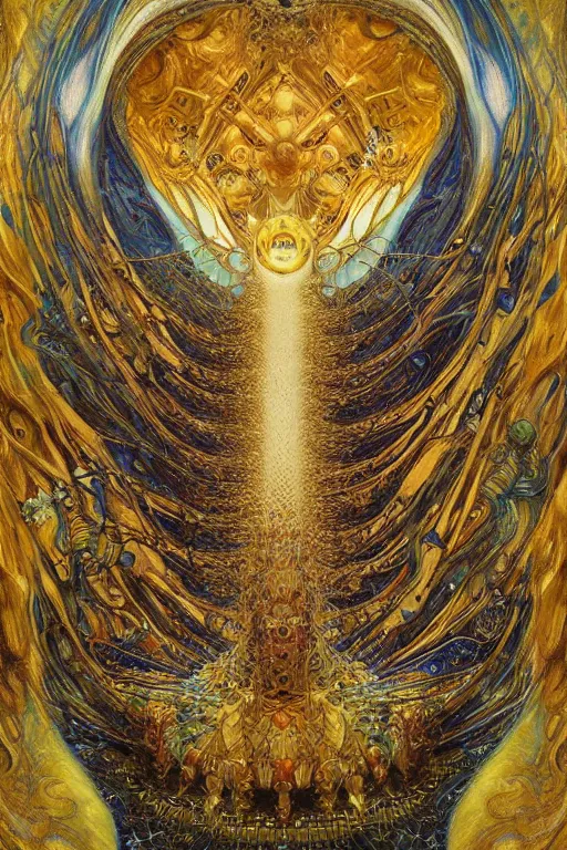 Image similar to Divine Chaos Engine by Karol Bak, Jean Deville, Gustav Klimt, and Vincent Van Gogh, visionary fractal structures, spirals