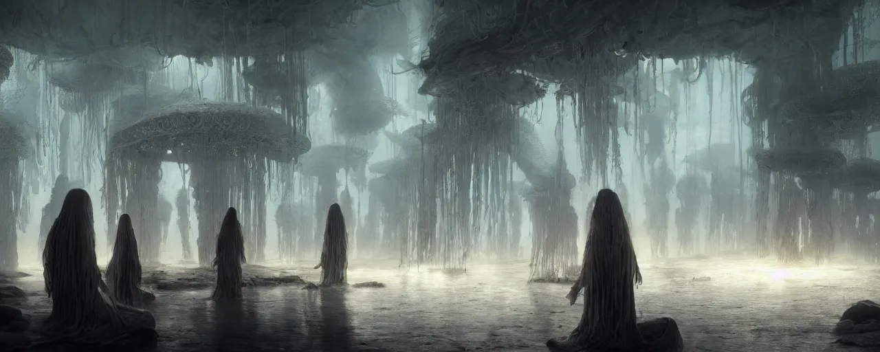 Prompt: A painting of priestesses worshipping at the jellyfish temple, shrouded in mist, jellyfish god, 8K, illustration, by Jan Urschel, Greg Rutkowski, and peter morbracher, smoke, cinematic, insanely detailed and intricate, hypermaximalist, elegant, super detailed, award-winning, mauve and cyan, mysterious, ancient, ritual, ethereal, trending in cgsociety, artstation HQ, ornate, elite, haunting, matte painting, beautiful detailed, insanely intricate details, artstation trending, divine proportion