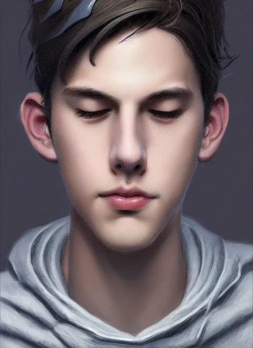 Image similar to portrait of teenage jughead jones wearing a light grey crown, photorealistic, crown, eyes closed, crown, black hair, intricate, elegant, glowing lights, highly detailed, digital painting, artstation, concept art, smooth, sharp focus, illustration, art by wlop, mars ravelo and greg rutkowski