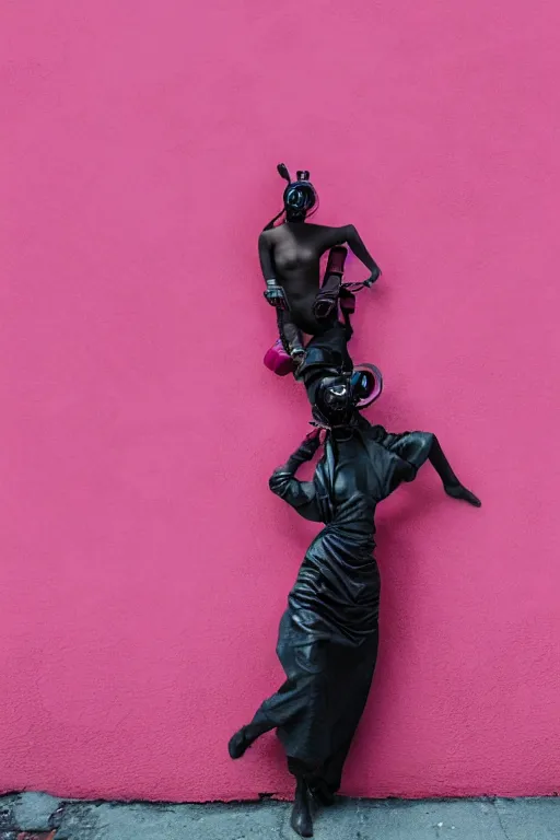 Image similar to a surreal portrait intertwined and contorted figures wearing gas mask next to a pink wall in the style of brooke didonato, editorial fashion photography from vogue magazine, full shot, nikon d 8 1 0, ƒ / 2. 5, focal length : 8 5. 0 mm, exposure time : 1 / 8 0 0, iso : 2 0 0