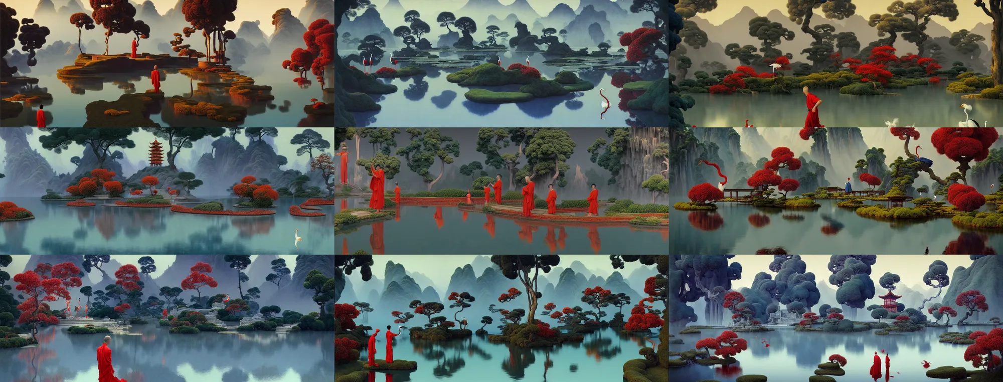Prompt: a gorgeous landscape painting by barlowe wayne maxfield parrish and marco mazzoni. chinese temple. a lonely chinese monk in grey blue long gown walks on the winding steps. three red crowned cranes splashing in the water. ultra clear detailed. 3 d, octane render. turbulent blood lake. fog