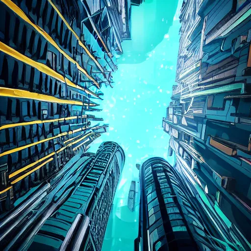 Prompt: low angle shot looking up towards towering deep turquoise tidal wave crashing down into Night City 2077 on a sunny afternoon, realistic photo, UE5