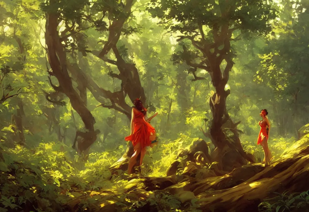 Image similar to greg manchess painting of a forest landscape, painting, trending on artstation, by huang guangjian and gil elvgren and sachin teng