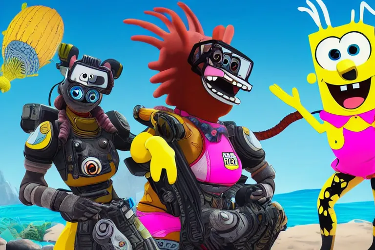 Prompt: loba from apex legends with spongebob in bikini bottom. ingame screenshot, high detail