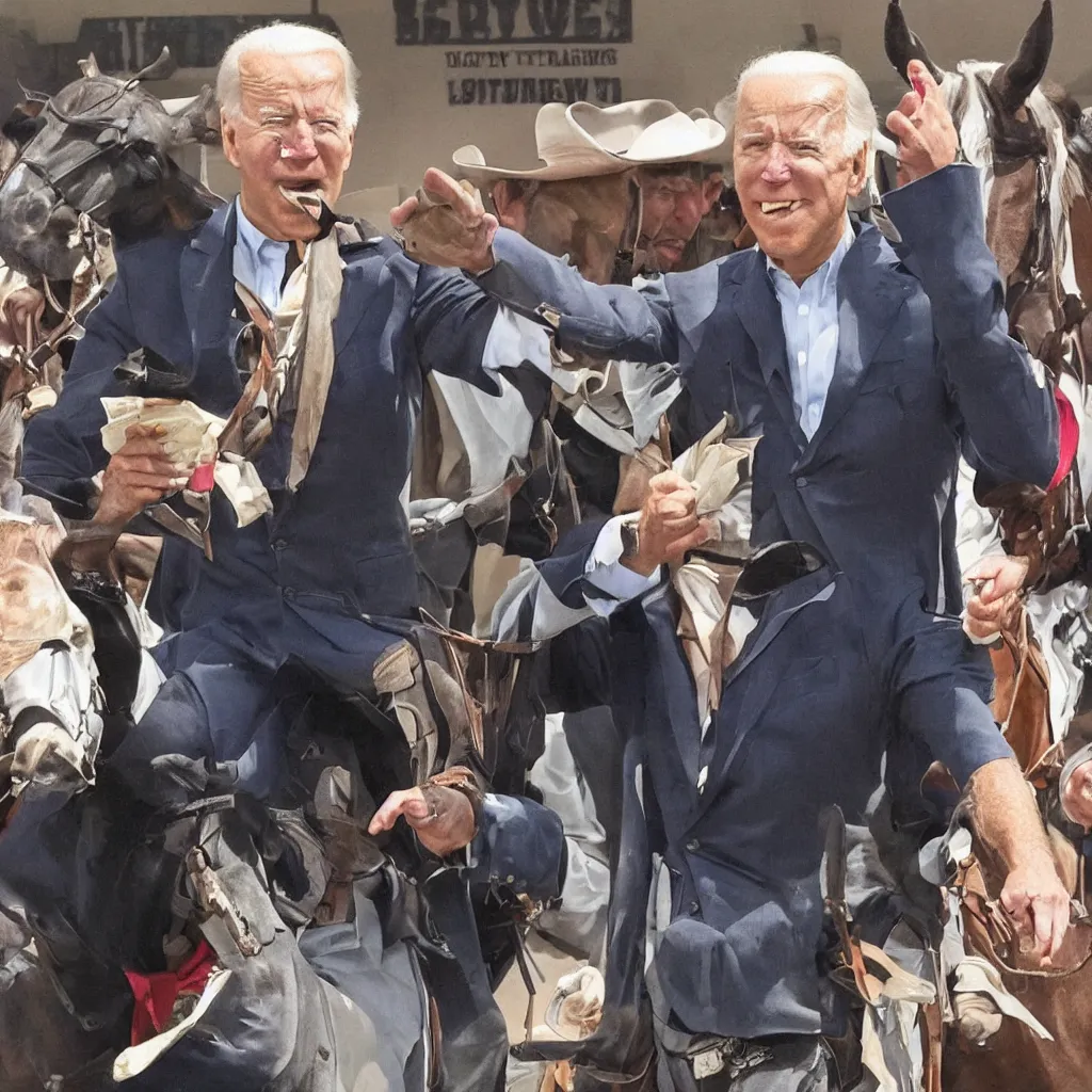 Image similar to joe biden as a cowboy robbing a bank, photo realistic