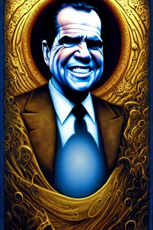 Image similar to Richard Nixon, tarot card, by tomasz alen kopera and Justin Gerard, expensive suit, big smile, cell phone, piercing eyes, symmetrical features, ominous, magical realism, texture, intricate, ornate, royally decorated, whirling blue smoke, embers, radiant colors, fantasy, trending on artstation, volumetric lighting, micro details, 3d sculpture, ray tracing, 8k, anaglyph effect