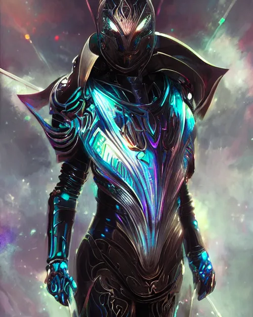 Prompt: the omnipotent assassin, vivid award winning digital artwork, intricate black sharp hooded semi - cybernetic athletic armor, beautiful iridescent colors, technology, long spikes, glowing face, detailed realistic, specular colors, ornate colored gems, character art by wlop, greg rutkowski and artgerm